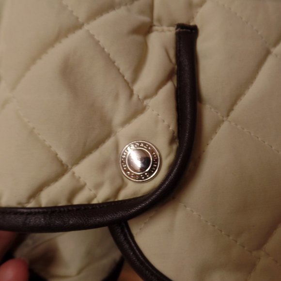 Coach Women's Bone Colored Quilted Puffer Jacket W Brown Leather Trim Snap Up S - Picture 7 of 10